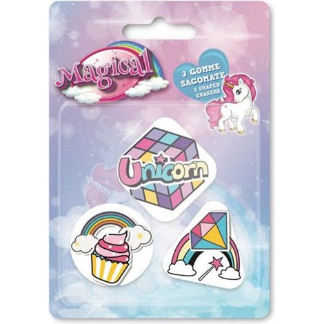 Trade Shop - KIT GOMME PER CANCELLARE 3PZ SAGOMATE TEMA MAGICO UNICORNO CANCELLERIA BAMBINE SCUOLA 735768 -