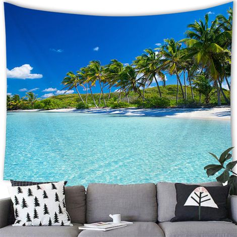 Tapisserie murale représentant un paradis tropical, une plage, un cocotier, un vaste littoral et un paysage naturel. Dimensions : 230 x 180 cm. Ciel bleu, piscine, océan. Idéale pour une chambre.
