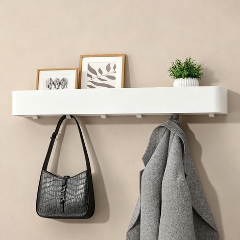 doporro Wandgarderobe mit Ablage, Garderobenleiste 60 cm mit 6 Garderobenhaken, Kleiderhaken Wand ohne Bohren oder mit Bohren Jackenaufhänger für Flur, Bad & Küche, Garderobe Weiß Reglo-05 (1/5)