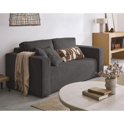Bestmobilier – Canapé droit 2 places en velours côtelé gris – Coussins déhoussables inclus – Dimensions compactes pour petits espaces – Confort optimal (1/5)