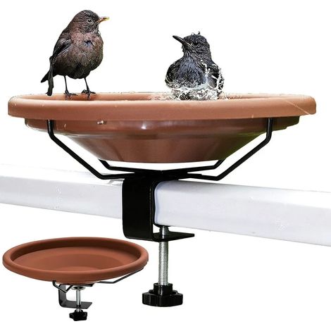 Vaschetta da bagno grande per uccelli, ideale per balconi e giardini, diametro 30 cm, resistente al gelo, al vento e alla ruggine, da appendere con supporto per ringhiera. (1/4)