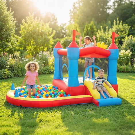 Aufblasbare Burg für Kinder mit Rutsche, Bällebad/Pool, Basketballkorb und Gebläse