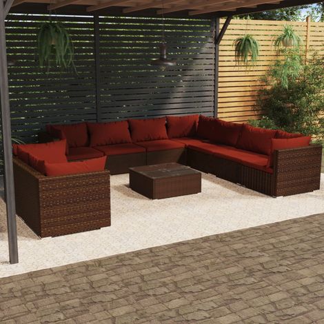 10-tlg. Garten-Lounge-Set mit Kissen Braun Poly Rattan (1/5)