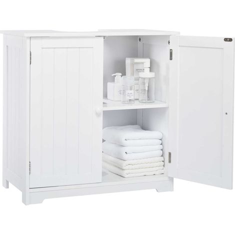Waschbeckenunterschrank Unterschrank Badezimmerschrank Holz mit Türen 2 Fächer Platzsparend,Freistehend 60 x 30 x 60 cm für Badezimmer,Weiß-Meerveil (1/5)