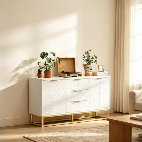 Buffet (120x40x76 cm), con 2 armarios y 3 cajones, almacenaje compartimentado, MDF y metal, blanco y dorado (1/5)