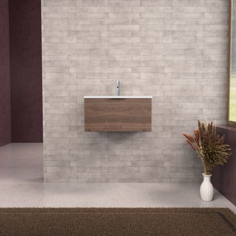 Inda - Badezimmerschrank B.60 mit mattiertem Waschbecken / Braune Eiche 1 Schublade - Topazio