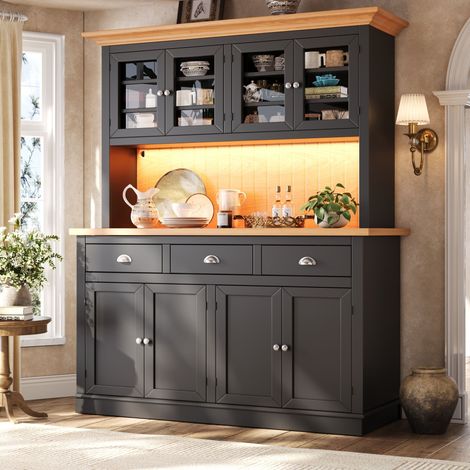 Buffet haut 140x40x180 cm - vaisselier avec porte vitrée, étagères réglables, LED RGB et fermeture douce - MDF/verre - Noir