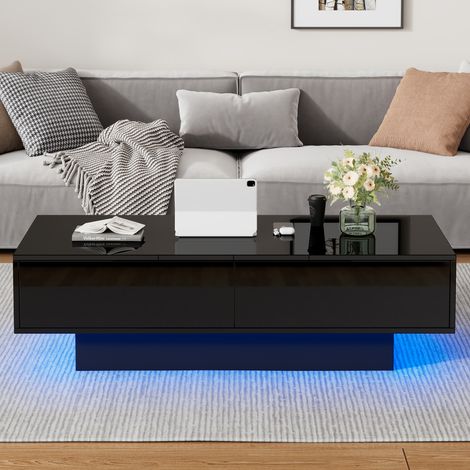 Table basse moderne noire brillante 115x55x34 cm avec 2 tiroirs, LED et charge max 30 kg (1/5)