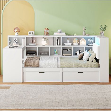 Bett in L-Form 90x200 cm mit Schreibtisch, Bücherregal, gepolstertem LED-Kopfteil, MDF/Sperrholz, Weiß (1/5)