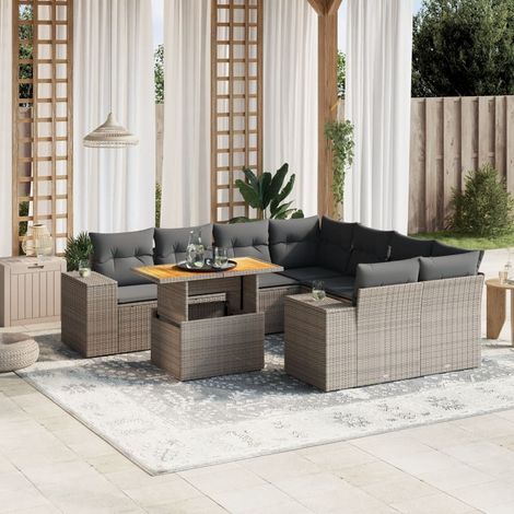 Set de muebles de jardín 9 pzas y cojines ratán sintético gris vidaXL (1/3)