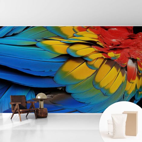 Papier peint intissé mural avec imprimé motifs uniques apparence moderne - Colle incluse gratuite Plumes arc-en-ciel 416x254 cm (1/5)