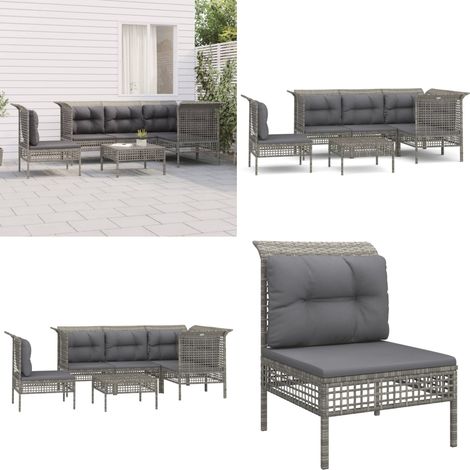 Set Divani da Giardino 6 pz con Cuscini in Polyrattan Grigio - Divano angolare - Divano centrale