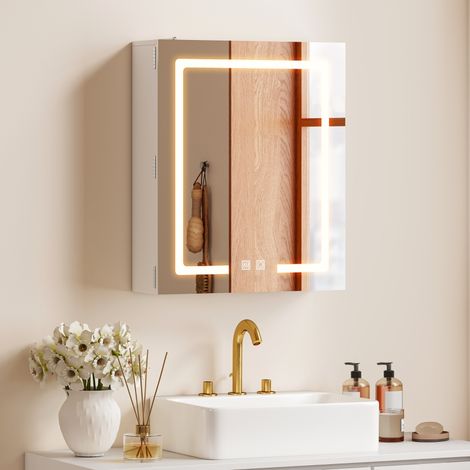 Armoire murale salle de bain avec miroir et éclairage LED, anti-buée, étagères réglables, 50 x 15 x 60 cm, blanc