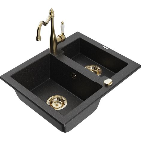 Mexen Carlos lavello in granito 1,5 vasche con miscelatore da cucina Carla, nero/argento metallico - 6518-73-670700-50 (1/5)