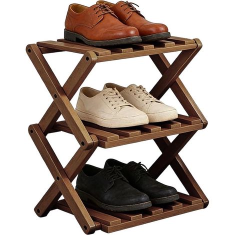 Porte-chaussures 3 étages – Bois – Noyer – 26x26x37 cm – Extensible – Gain de place (1/5)