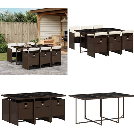 Set da Pranzo da Giardino 7pz con Cuscini in Polyrattan Marrone - Sedie da giardino - Tavolo da giardino