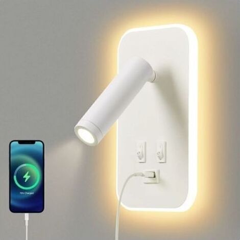 Applique LED, lampe de lecture de chevet avec interrupteur, port de chargement USB, adaptée à la chambre, au couloir, blanche