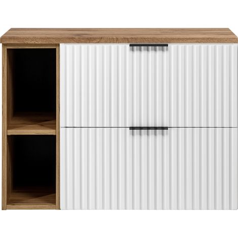 Furnidea - Meuble sous vasque FLOW BLANC 100 cm avec l'étagère - extension et plan chêne - 2 tiroirs - façades rainurées (1/5)