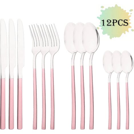 (Ensemble de couverts en acier inoxydable rose et argent, composé de 12 pièces, comprenant un couteau, une fourchette et une cuillère à café)