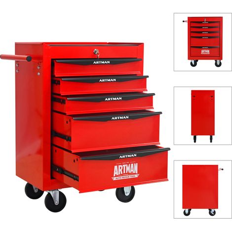 Carrello per Utensili 56.6x34.5x78 cm, 5 Cassetti, con Ruote Bloccabili, in Acciaio, Rosso, per Officina e Garage (1/5)