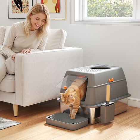 Bac à litière fermé maison de toilette adapté pour chat acier inoxydable couvercle marche anti-dispersion 60x40x38cm gris foncé