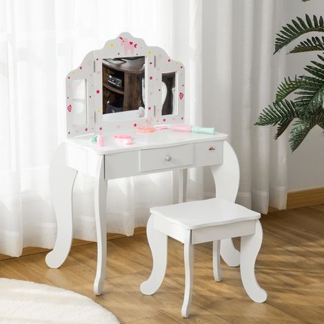 Tocador infantil con taburete, escritorio de madera 2 en 1 y espejo triple, mesa de maquillaje de MDF y acrílico, 63x40x85,5 cm, blanco y rosa.