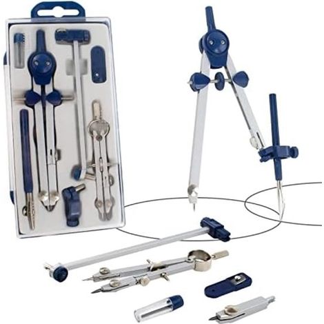 Kit de géométrie circulaire professionnel (7 pièces) : 2 compas, rallonge, adaptateur, règle, taille-crayon, mine pour les mathématiques, l’ingénierie et l’architecture. (1/5)