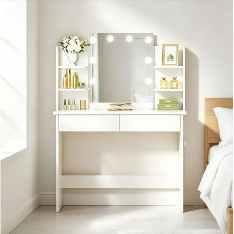 Tocador con espejo LED, 2 cajones, 90 x 40 x 135 cm, blanco HAVRYA (1/5)