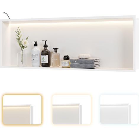 Douche niche murale en acier inoxydable avec éclairage LED, étagère simple blanche, niche encastrée avec réglage de la température de couleur, rangement pour salle de bain, 90 x 30 cm (1/5)