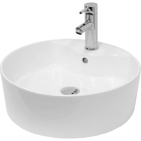 ECD Germany Lavabo per Bagno d' Appoggio Ø 460 x 155 mm in Ceramica Bianca incl. Piletta Set di Scarico 1 1/4'' per Lavandini con Troppopieno Lavello Rotondo Lavamani Sanitari Design Moderno