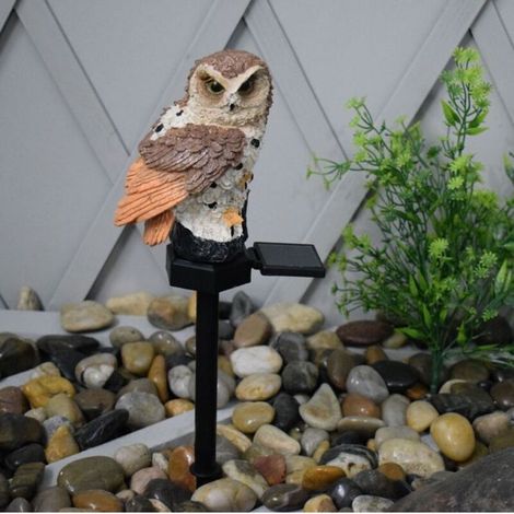 Brown LED solar garden lamp with flamingo and owl patterns, waterproof, decorative, 45 x 15 x 8 cm.