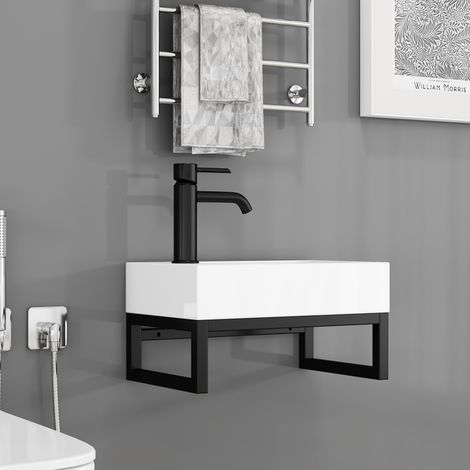 Lavabo Mural Compact Lave-Mains Suspendu en Céramique Blanc Mat avec Trop-Plein pour Petits Espaces 40 x 21 x 25 cm (1/5)