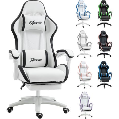 Chaise gaming, en PU, en cuir, blanc, 65 x 65 x 121-129 cm, réglable, avec repose-pieds, pour jeu bureau, soutien lombaire sécurisé