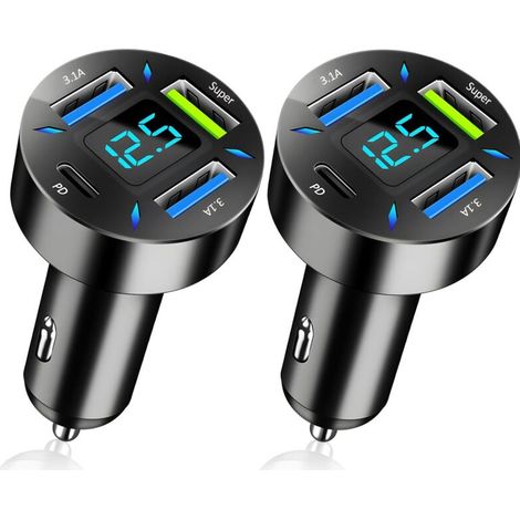 adaptadores USB C de 4 puertos para encendedor de cigarrillos, 66 W con carga súper rápida y PD, cargador rápido para coche con voltímetro LED para múltiples modelos de dispositivos.
