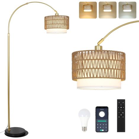 Or Lampe à Arc Salon avec Télécommande, Moderne Lampadaire Salon Dimmable avec Abat-jour en Rotin et Ampoule LED, Contrôle App, Boho Floor Lamp, Lampadaire Arc pour Chambre à Coucher (1/5)