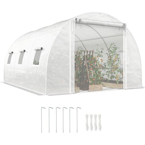 Serre tunnel Outsunny. bâche en plastique. porte en filet. poteaux de support. blanche (1/5)