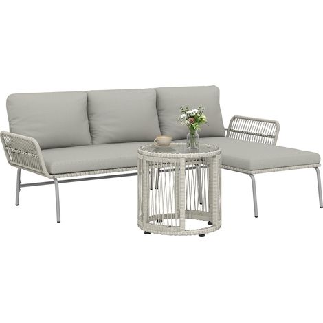 Polyrattan Gartenmöbel Set 3-teilig, ensemble de salon mit Chaiselongue Zweisitzersofa Glastisch abnehmbar Kissen