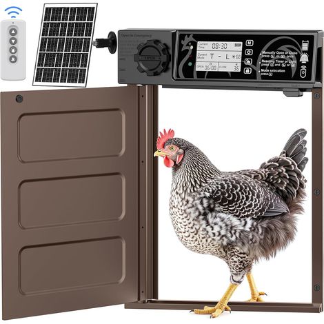 Grande Taille Porte Poulailler Automatique Solaire avec 7W Panneaux Solaires, Écran LCD, Porte Automatique Poulailler en Aluminium avec Capteur de Lumière, Minuterie, Fonction Anti-pincement