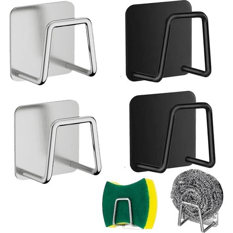 Soporte para esponjas de acero inoxidable de 4 piezas, soporte autoadhesivo para almacenamiento en cocina y baño. (1/4)