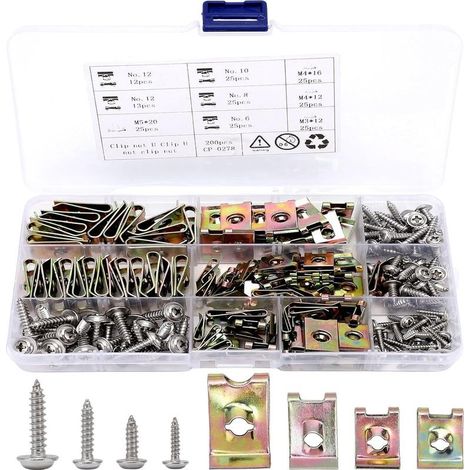200 Pcs Vis et U-clips Fixation Voiture, U Clips de Fixation Voiture et Vis de Carrosserie Écrous de Fixation, Écrou et Clip Vis (1/4)