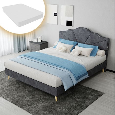 Cama 140x200 cm gris en tela y metal con cabecero geométrico y colchón incluido (1/5)