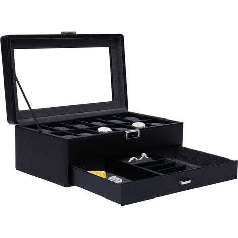 Schwarze Uhrenbox, Uhrengehäuse mit Schublade, Schmuck-Uhrenbox, Uhrenbox für 12 Uhren, Geschenk