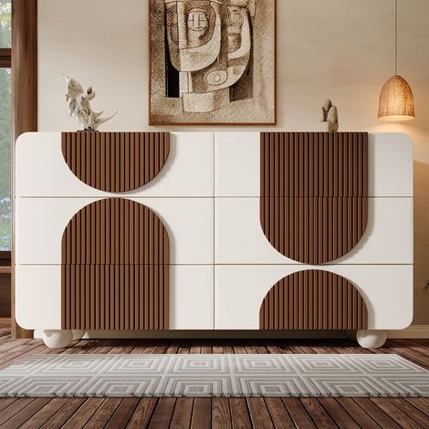 Commode 6 Tiroirs 121x71x41 cm, Buffet Blanc et Bois Massif avec Détails Chocolat, Meuble de Rangement Design Incurvé Anti-basculement (1/5)