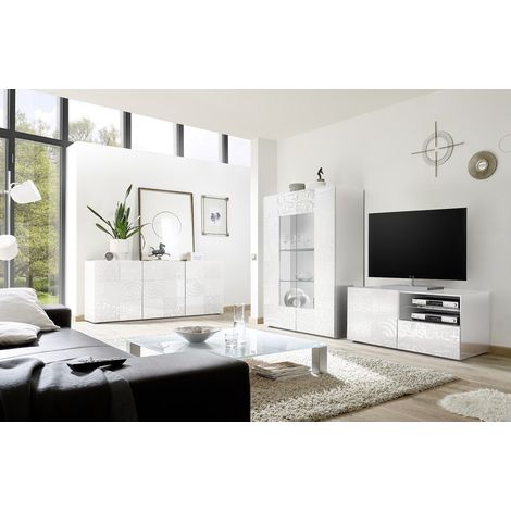 Azura Home Design – Salon complet MIREL blanc – Ensemble de meubles de salon – Façades laquées avec motifs chevrons – Dimensions meuble tv 122x57x42 cm (1/5)
