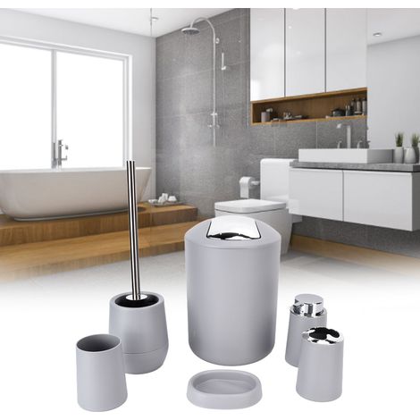 6 Pièces Accessoires Salle de Bain Porte-Brosse à Dents Poubelle Électrodoré Gris (1/5)