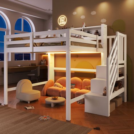 Lit mezzanine 140x200 cm, LED, grand rangement sous lit, escalier étagère, niche ouverte, sans matelas, bois, blanc