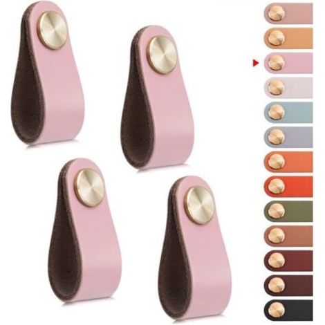 Set aus 4 Schranktürgriffen aus Messing und rosa Leder, Länge 65 mm, mit Schrauben, geeignet für Schränke und Küchen. (1/4)
