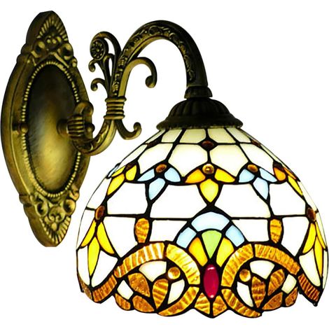Lampada da parete stile rustico Tiffany, lampada da parete per camera da letto, comodino con interruttore a tirante, paralume in vetro colorato, per soggiorno, studio, sala da pranzo, E27