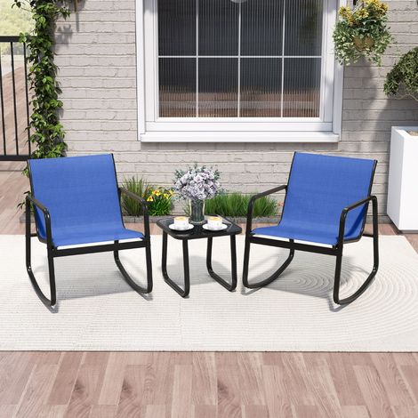 Salon de Jardin 3 Pièces avec Chaises à Bascule Table en Verre Ensemble de Meuble Extérieur 2 Fauteuils Cadre Métallique Charge 150KG Bleu (1/2)