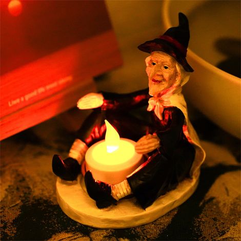 Bougie Sans Flamme - Support Pour Bougie En Résine Avec Statue De Sorcière Et De Squelette - Décoration Halloween Bureau Jardin Balcon - Lot De 2 (1/5)